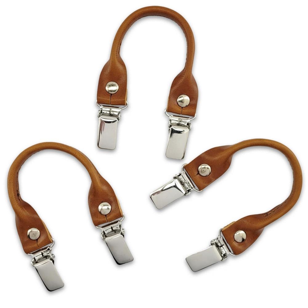 Hosenträgerschlaufenset - cognacfarbenes  genarbtes Leder - mit silbernen Clips - 1