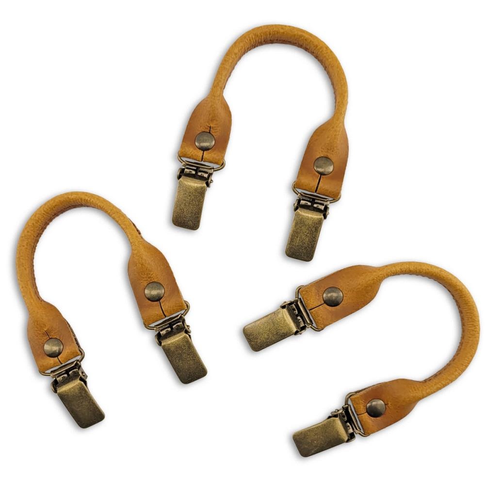 Hosenträgerschlaufenset - cognacfarbenes Leder - mit antiken Messingclips - 1