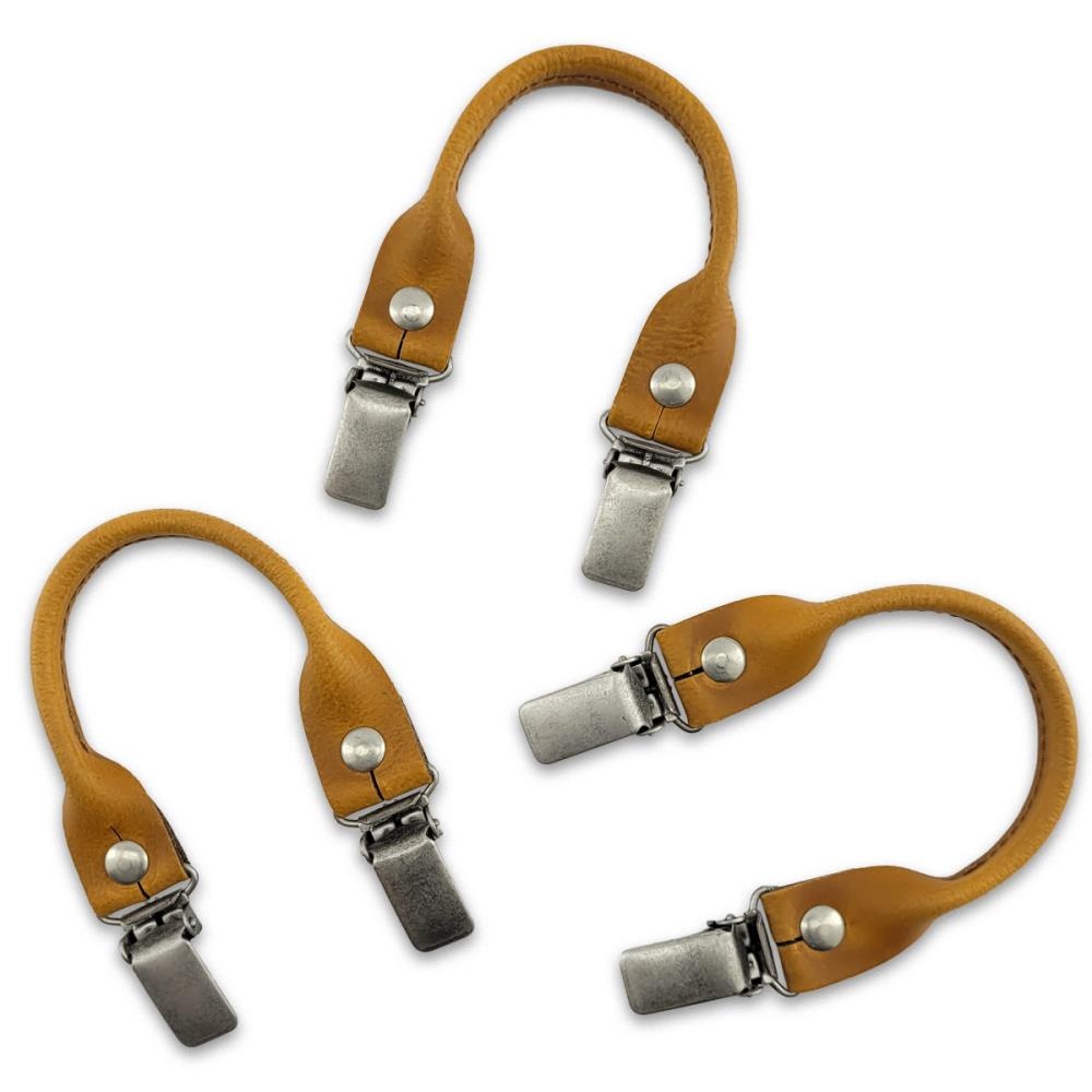 Hosenträgerschlaufenset - cognacfarbenes Leder - mit antiksilbernen Clips - 1