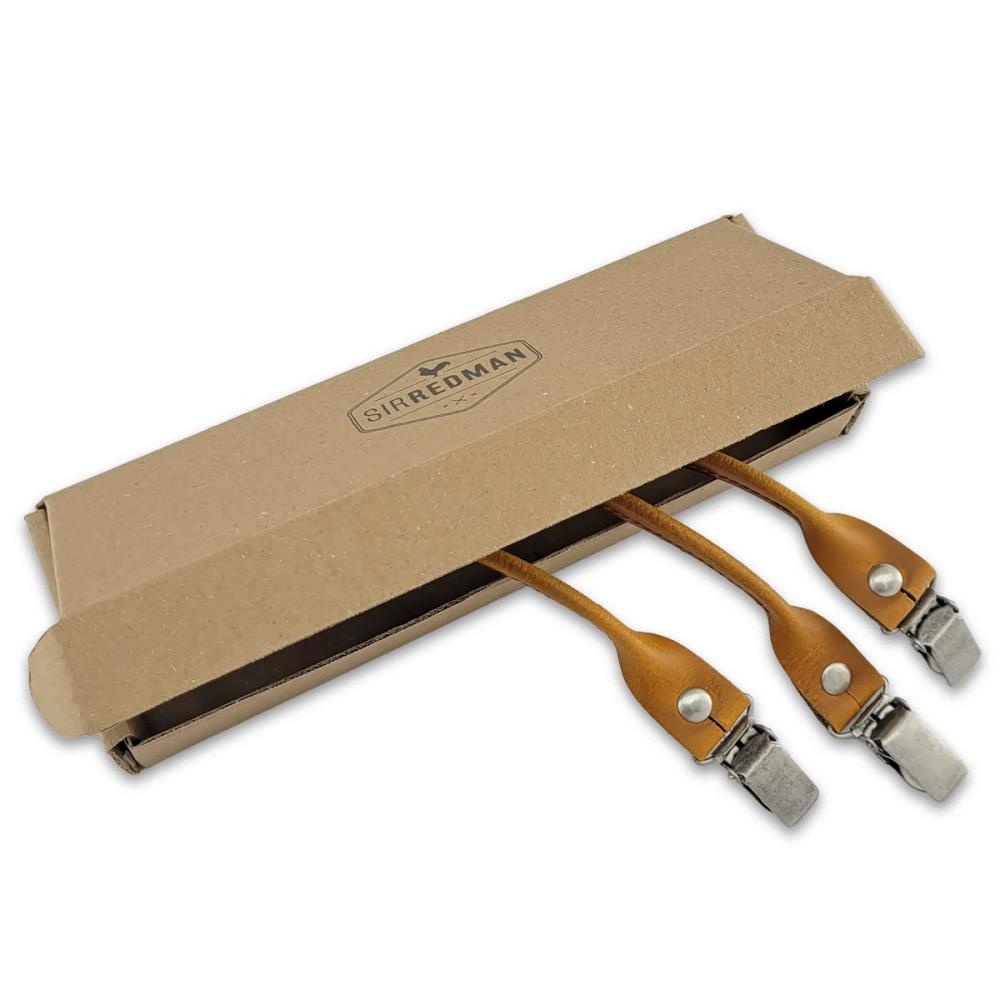 Hosenträgerschlaufenset - cognacfarbenes Leder - mit antiksilbernen Clips - 2