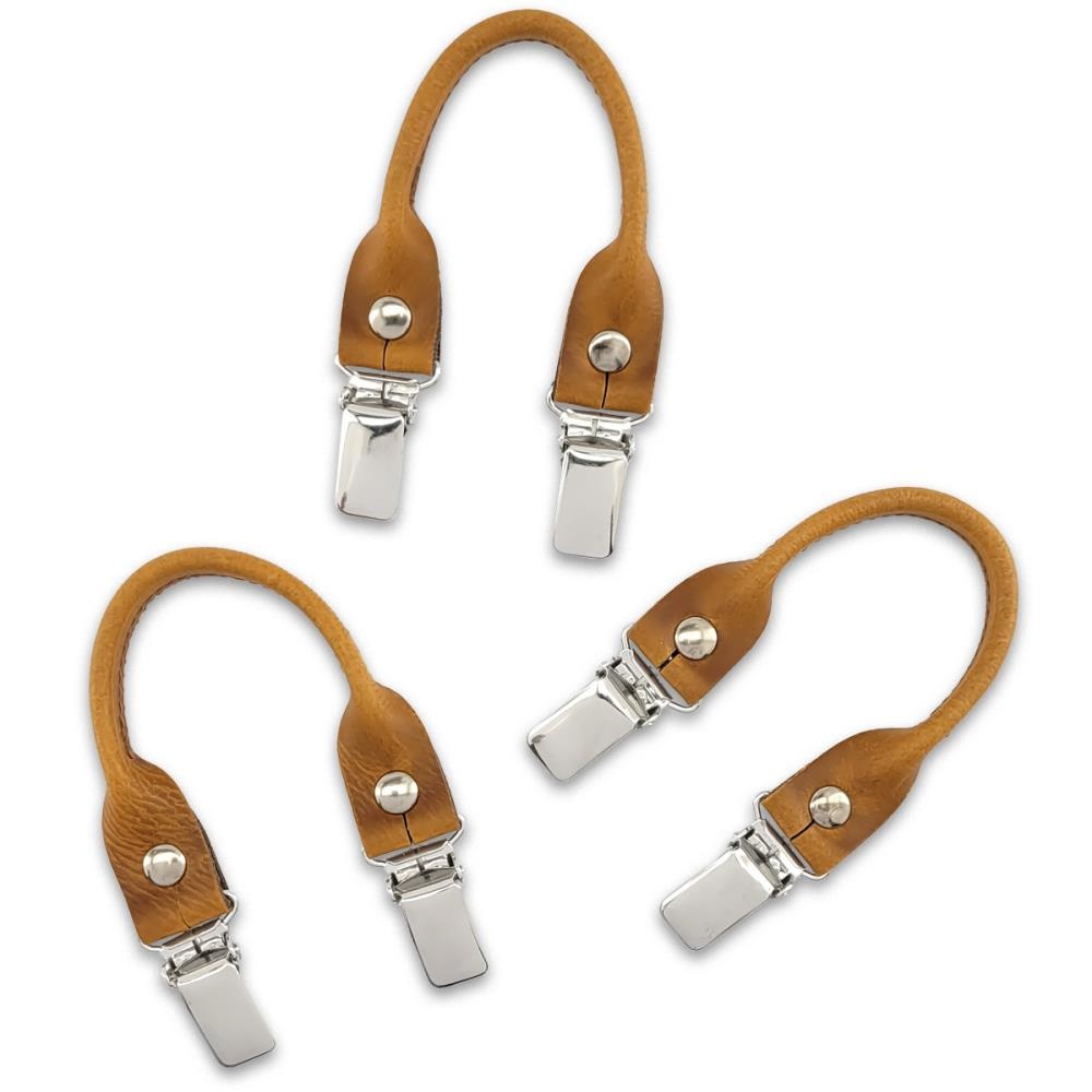 Hosenträgerschlaufenset - cognacfarbenes Leder - mit silbernen Clips - 1