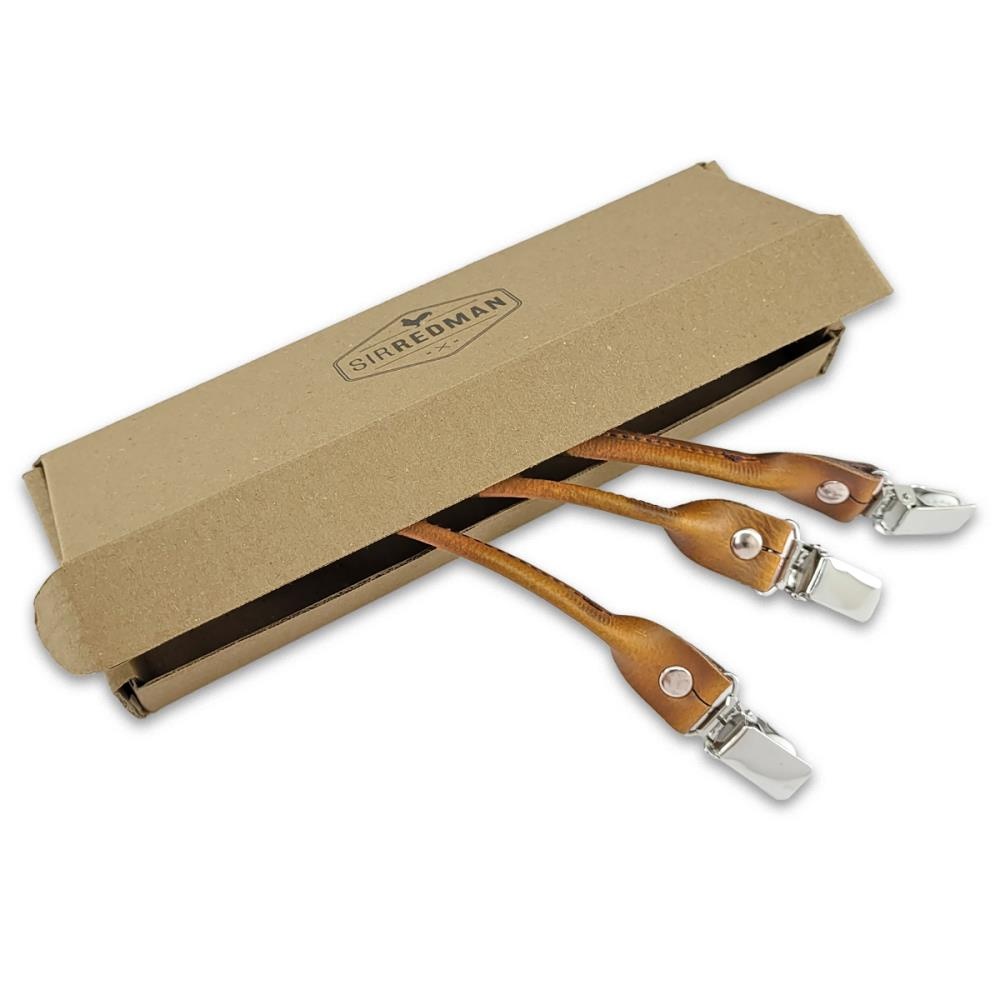 Hosenträgerschlaufenset - cognacfarbenes Leder - mit silbernen Clips - 2