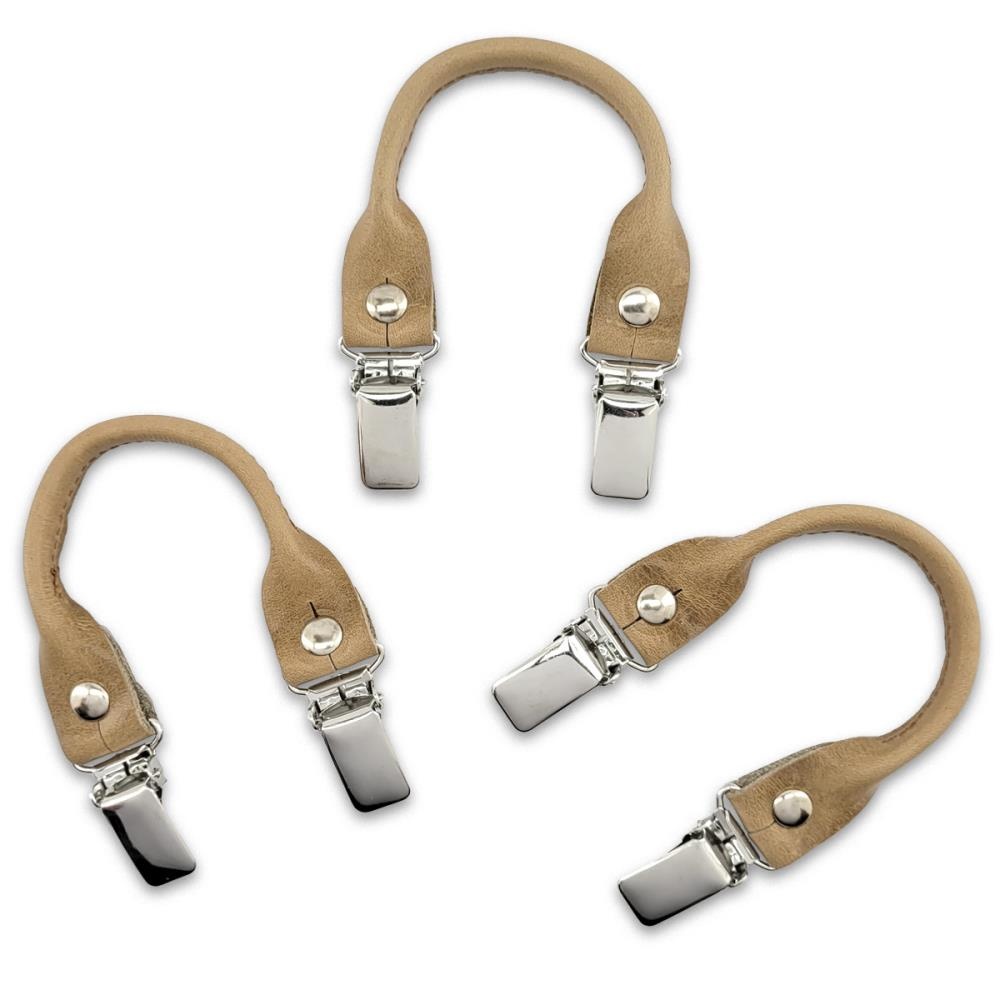 Hosenträgerschlaufenset - taupefarbenes  genarbtes Leder - mit silbernen Clips - 1