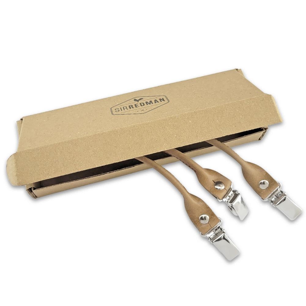 Hosenträgerschlaufenset - taupefarbenes  genarbtes Leder - mit silbernen Clips - 2